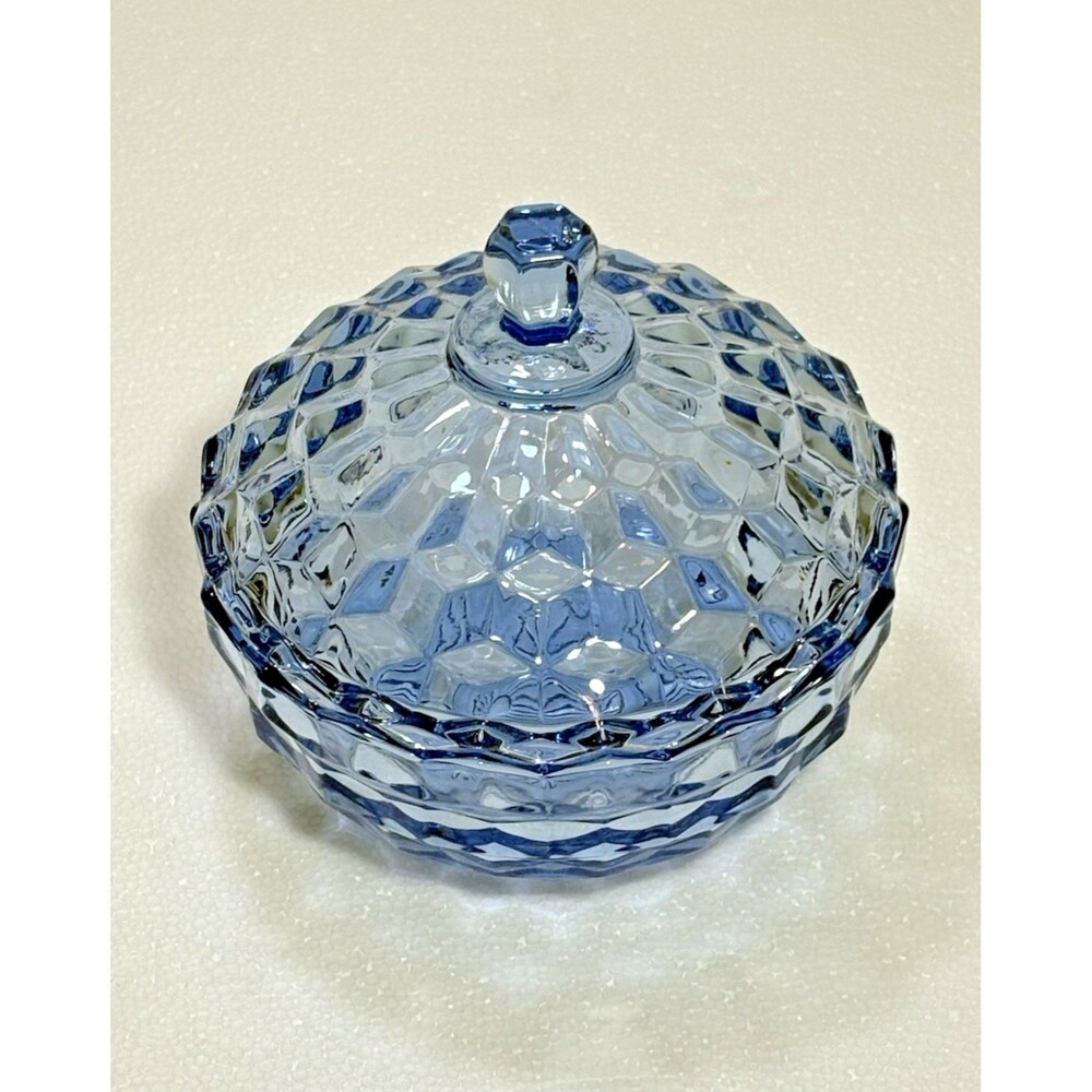 Vintage American Fostoria Covered Candy Dish Light Blue Cube Geometric Design